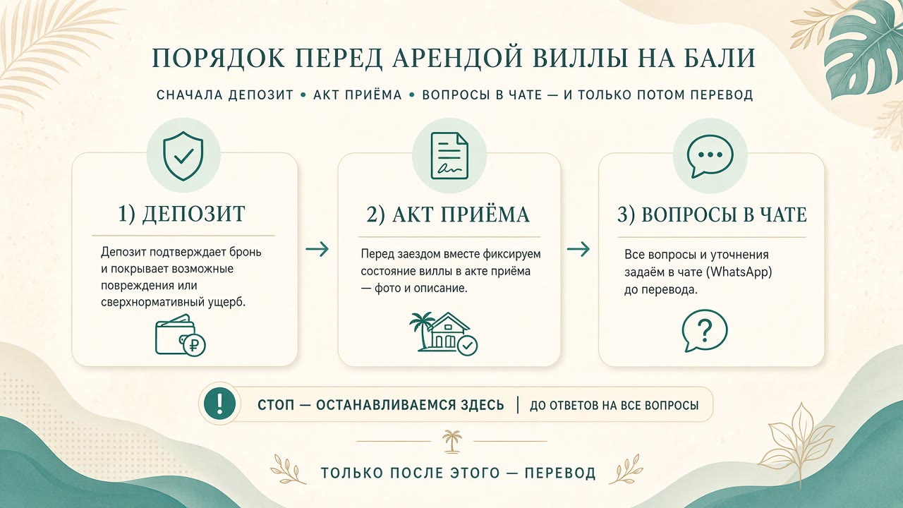 Перед переводом: депозит, акт и вопросы в WhatsApp