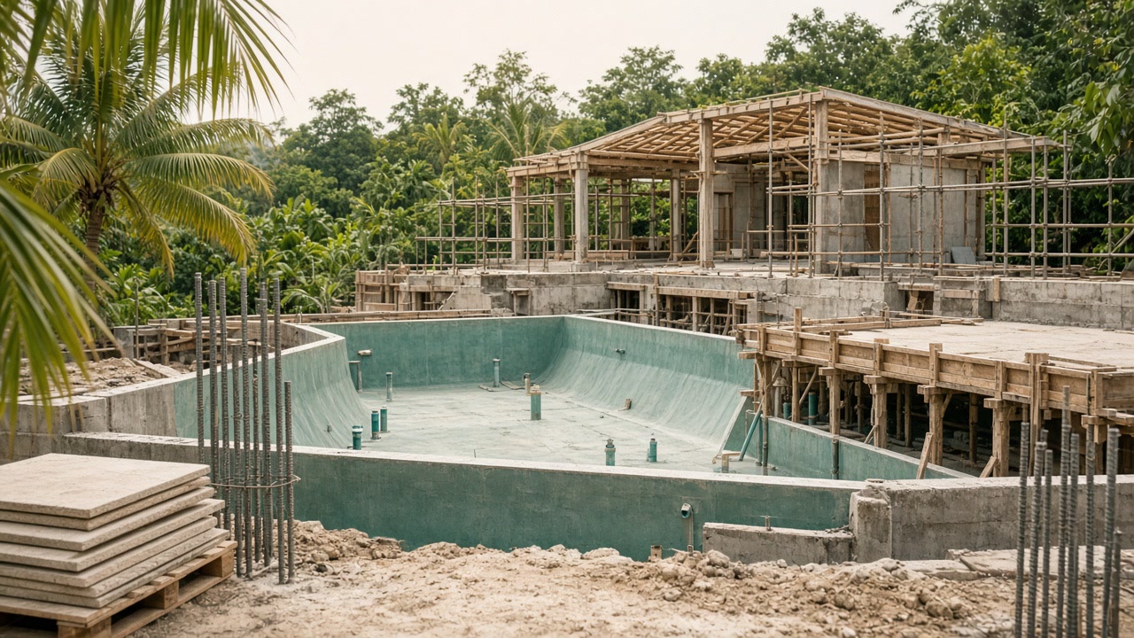 Bali villa construction site with foundation and pool shell